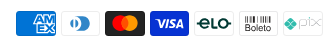 Meios de pagamento aceitos: American Express, Diners Club, Mastercard, Visa, Elo, boleto bancário e Pix
