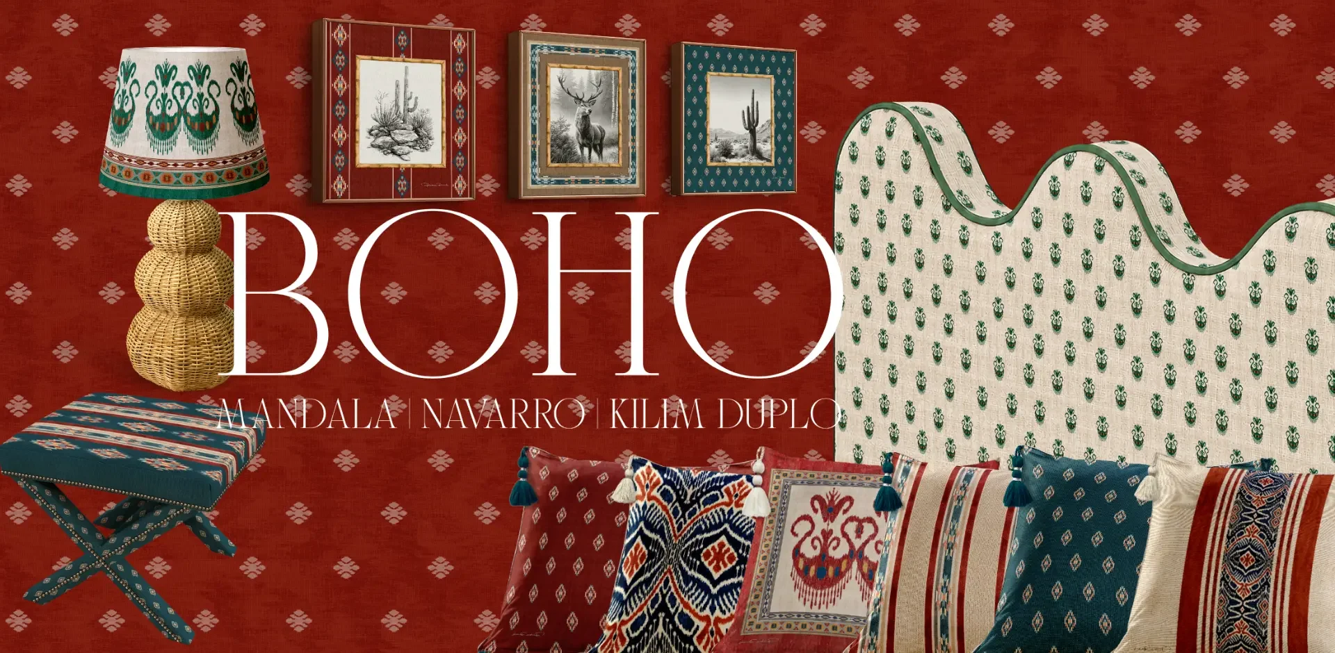 Coleção Boho: papel de parede vermelho com losangos creme, três quadros de natureza em preto e branco, luminária de vime com cúpula verde e branca sobre banqueta cream e almofadas com franjas nas estampas Mandala, Navarro e Kilim Duplo.