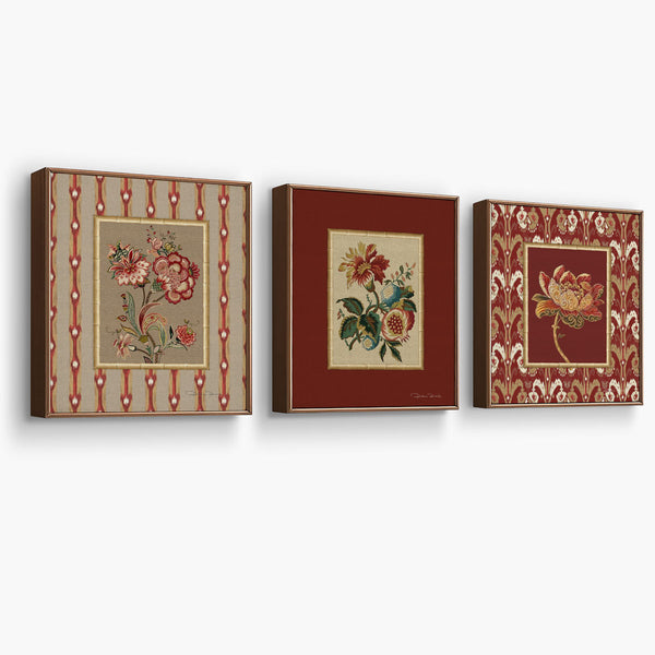 Kit 3 Quadros Flores Bordadas Ikat Solari